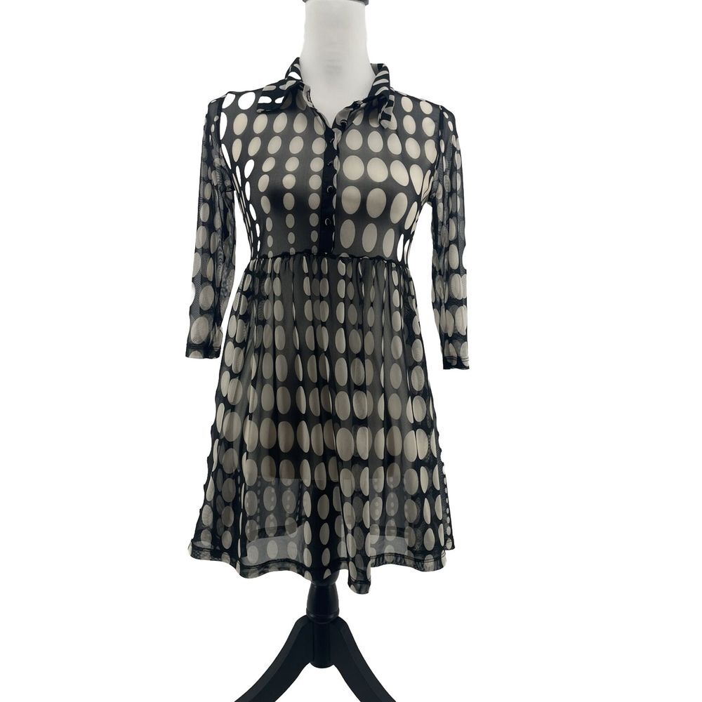 Vintage Sheer Top Women's Small Babydoll Tunic Long Polka Dot Black White Fairy